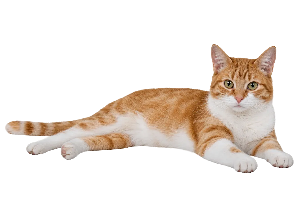 Eine rot-weiße Katze liegt ausgestreckt auf der Seite