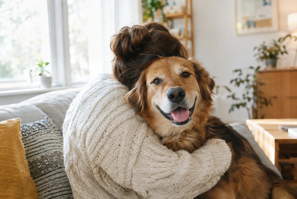 Ein Mensch im Strickpullover umarmt einen zufriedenen Hund auf dem Sofa